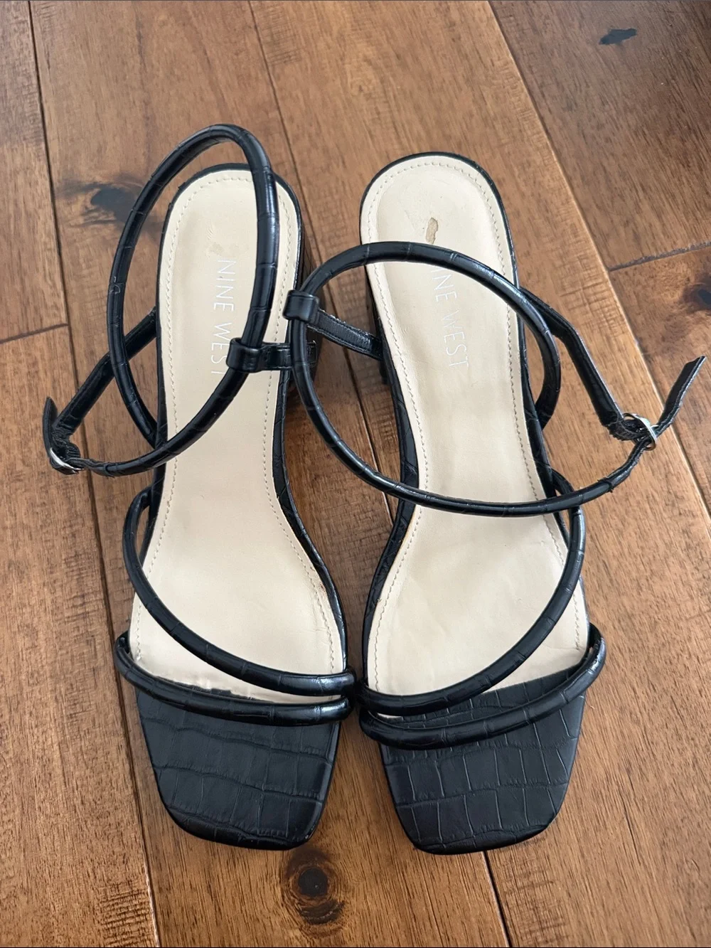 Nine West Black Croc-Textured Square Toe Strappy Sandals